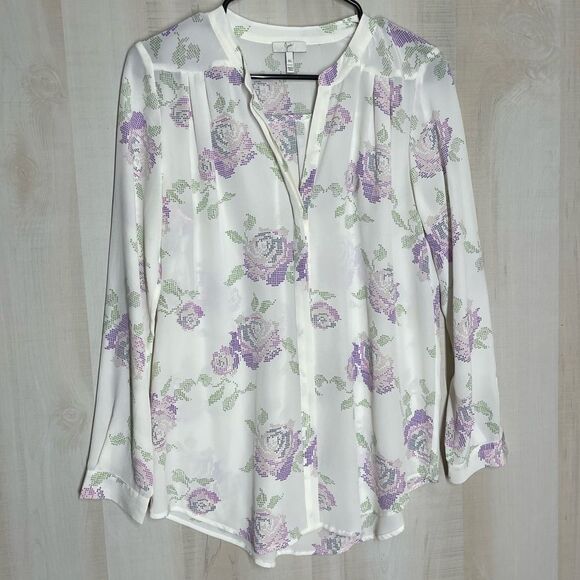 Joie white‎ silk blouse with lavender purple flowers, long sleeve, size XS - Picture 1 of 16